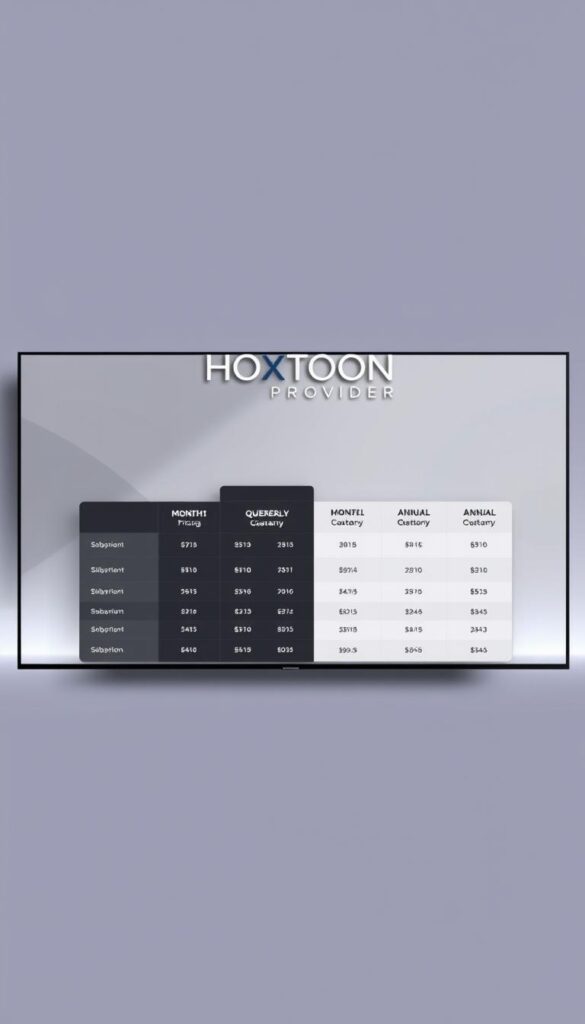 A detailed, high-quality image of HOXTOON Provider's IPTV subscription plans, showcasing their pricing structure and service offerings. The image features a sleek, modern design with a central table displaying the various plan options, including monthly, quarterly, and annual pricing. The table is set against a minimalist background, with subtle gradients and clean lines to create a professional, corporate aesthetic. The HOXTOON Provider logo is prominently displayed, reinforcing the brand identity. The lighting is soft and diffused, creating a warm and inviting atmosphere. The overall composition is well-balanced, with the subscription plans taking center stage and drawing the viewer's attention.