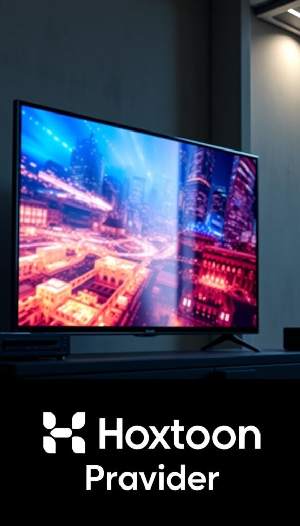 A detailed, high-quality image of "IPTV Streaming Quality" featuring a sleek, modern TV screen displaying a vivid, high-definition video stream. The screen is set against a minimalist, industrial-style background with subtle lighting and shadows, conveying a sense of technological sophistication. In the foreground, a Hoxtoon Provider logo is prominently displayed, indicating the source of the IPTV service. The overall composition should evoke a sense of seamless, reliable, and high-fidelity IPTV streaming.