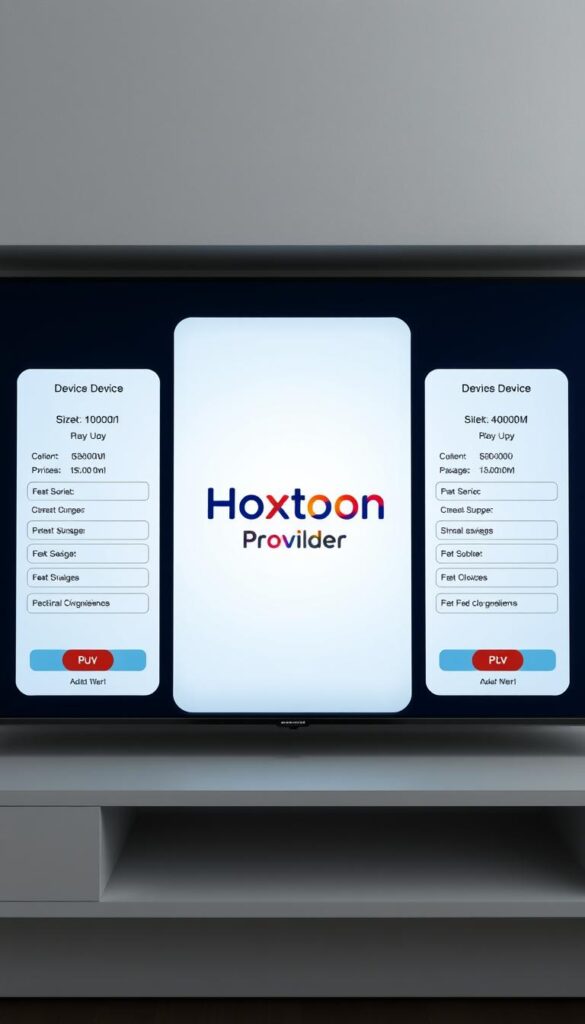 A detailed, high-quality technical illustration of the Hoxtoon Provider IPTV subscription plans, showcasing the different pricing tiers and packages. The image should have a clean, minimalist design with a focus on clear visual hierarchy and legibility. Depict the Hoxtoon Provider logo prominently in the center, surrounded by neatly organized pricing information, service details, and device compatibility. Use a cool, neutral color palette with accents of the Hoxtoon brand colors. Render the scene with crisp, precise lines and realistic lighting to convey a professional, trustworthy aesthetic. Capture the image from a slightly elevated, angled perspective to provide an optimal viewing experience.