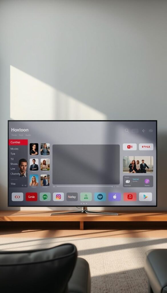 A detailed, high-quality user interface of the Hoxtoon Provider IPTV platform. In the foreground, a clean and modern dashboard showcases various content categories, including movies, TV shows, sports, and live channels, all organized with clear icons and typography. The middle ground features a large, crisp video player with intuitive playback controls. In the background, a sleek and minimalist design with muted colors and subtle gradients creates a cohesive and visually appealing atmosphere. The entire scene is illuminated by natural lighting, casting soft shadows and highlights to enhance the overall aesthetic. The user interface conveys a sense of professionalism, functionality, and premium quality associated with the Hoxtoon Provider brand.