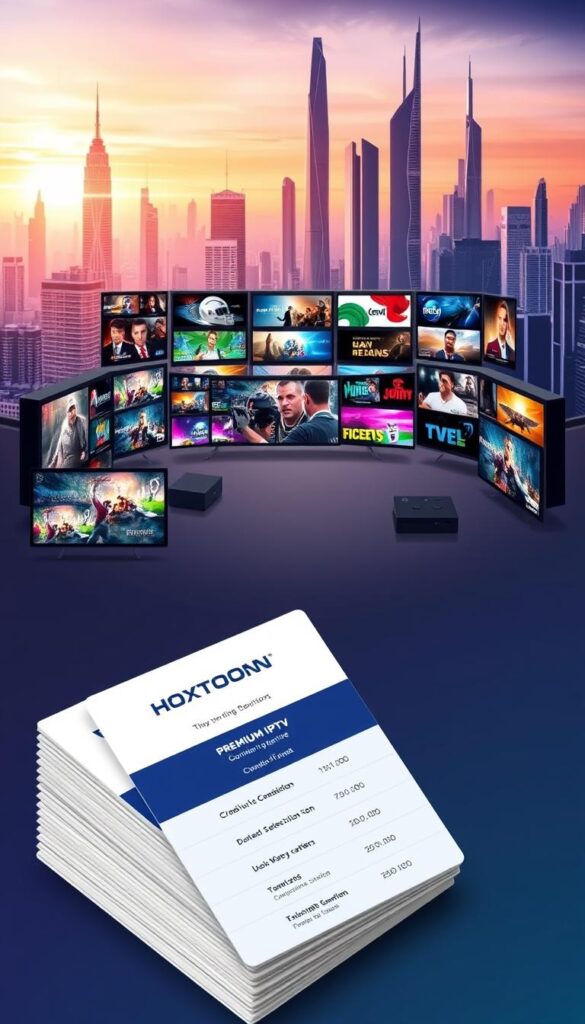 A detailed illustration of HOXTOON's premium IPTV subscription plans. In the foreground, a stack of colorful cards showcasing the different service tiers, each with its own unique pricing, channel selection, and feature set. The middle ground depicts a grid of television screens displaying various live channels, sports events, and on-demand content. The background features a sleek, modern cityscape with futuristic skyscrapers, hinting at the high-tech nature of the HOXTOON service. The overall mood is one of sophistication, quality, and value, capturing the essence of the HOXTOON Provider brand.