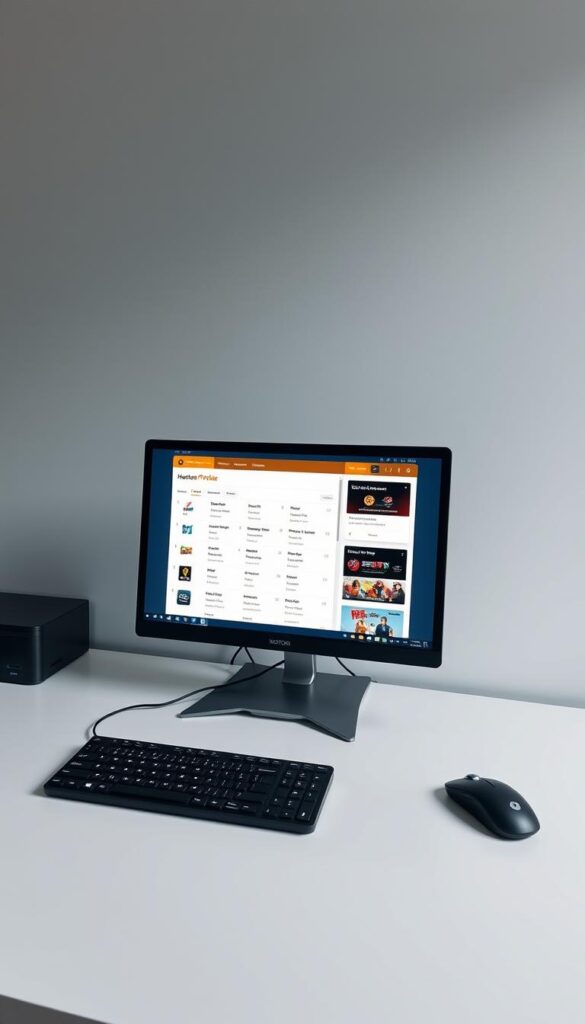 A detailed setup guide for the Hoxtoon Provider IPTV service. A clean, minimalist workspace with a modern desktop computer, wireless keyboard and mouse. The screen displays the Hoxtoon Provider website, showcasing the subscription plans and channel lineup. Soft, diffused lighting illuminates the scene, creating a professional and informative atmosphere. The composition highlights the ease of setting up the Hoxtoon IPTV service, emphasizing its user-friendly interface and comprehensive channel selection.