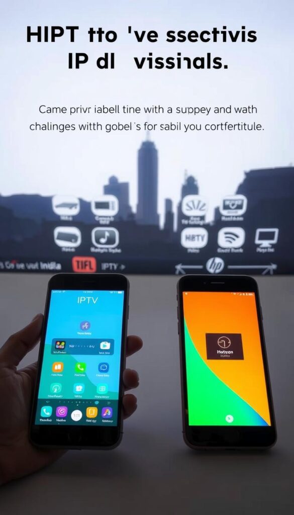 A detailed side-by-side comparison of IPTV services in India and the Hoxtoon Provider. In the foreground, two smartphone screens display contrasting IPTV interfaces, showcasing the user experience. In the middle ground, various IPTV device icons and logos are arranged, highlighting the range of compatibility. The background features a cityscape silhouette, representing the global reach of these services. The lighting is soft and even, creating a professional, informative atmosphere. The camera angle is slightly elevated, giving an overview of the comparative elements. The overall composition emphasizes the key differences between regional IPTV options and the premium Hoxtoon Provider service.