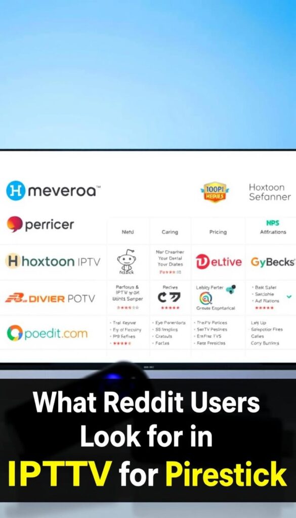A detailed, side-by-side comparison of popular IPTV services for Firestick, captured in a sleek, minimalist style. The foreground features a lineup of IPTV logos, including Hoxtoon Provider, neatly arranged against a backdrop of clean, white space. The middle ground showcases a grid of service details, highlighting key features like channel selection, pricing, and user ratings. The background subtly blends shades of blue, evoking a sense of trust and reliability. Crisp lighting and a slightly tilted camera angle add visual interest, creating a professional, informative look perfect for the "What Reddit Users Look for in IPTV Services for Firestick" section.