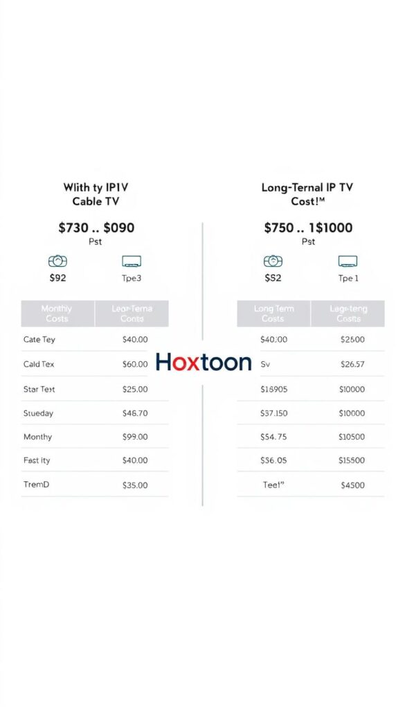 A detailed side-by-side comparison of the monthly and long-term costs of the Hoxtoon IPTV provider versus traditional cable TV. A modern, minimalist interface displays the pricing data in a clean, easy-to-understand format, with icons and graphs to visually convey the cost differences. The Hoxtoon brand name is prominently featured in the middle ground. The background is a soft, neutral color palette, allowing the information to take center stage. The lighting is bright and even, creating a professional, authoritative tone. The camera angle is a slightly elevated, frontal view, giving the viewer a sense of clarity and objectivity.