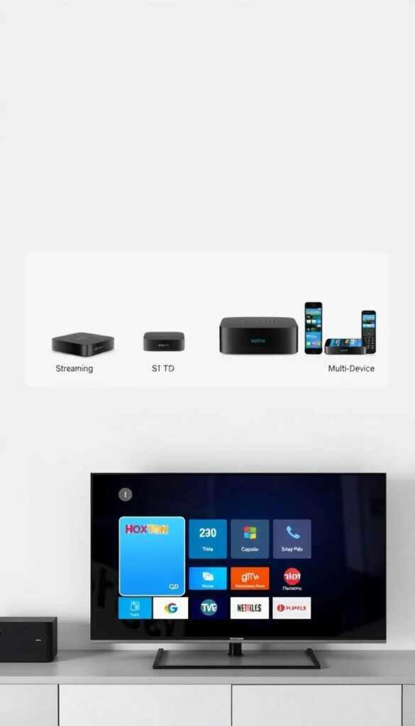 A detailed step-by-step guide for setting up the "Hoxtoon Provider" IPTV service. In the foreground, a modern smart TV displaying the Hoxtoon interface, showcasing its sleek and intuitive design. In the middle ground, various streaming devices like a set-top box, tablet, and smartphone, illustrating the multi-device compatibility of the Hoxtoon platform. The background features a minimalist, well-lit home entertainment setup, with clean lines and neutral tones to create a calming, professional atmosphere. The overall image conveys a sense of simplicity and ease of use, highlighting Hoxtoon's ability to seamlessly integrate with a user's existing home media setup.