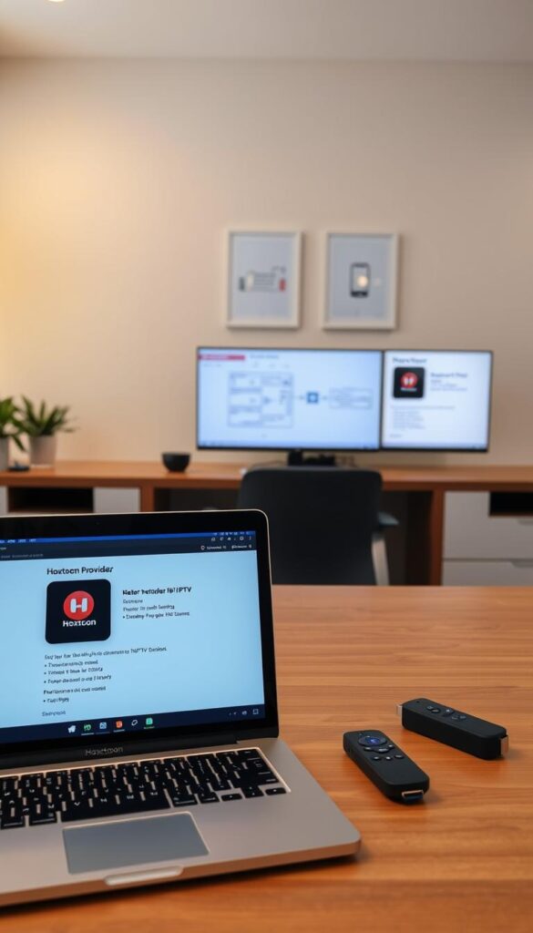 A detailed, step-by-step guide on setting up the Hoxtoon Provider IPTV service. In the foreground, a laptop screen displays the Hoxtoon app with clear instructions. On the desk, a remote control and a streaming device, such as a Roku or Fire TV Stick, are neatly arranged. The middle ground features technical diagrams and network configuration details. The background showcases a modern, minimalist home office setting with warm lighting and clean lines. The overall atmosphere conveys a sense of professionalism and user-friendliness, making the setup process approachable and easy to follow.
