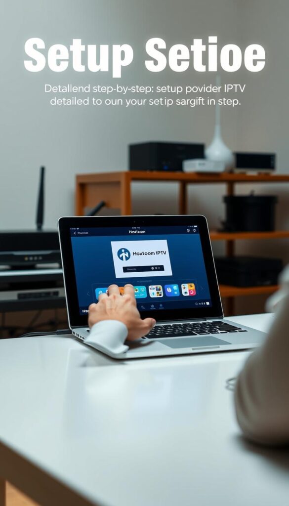 A detailed step-by-step setup guide for the Hoxtoon Provider IPTV service. A well-lit interior scene showing a laptop or tablet displaying the Hoxtoon interface, with a person's hands interacting with the device. The background should feature relevant IPTV equipment like a router, modem, or streaming device. The scene should convey a sense of technical expertise and seamless setup, with a clean, minimalist aesthetic. Lighting should be bright and diffuse, with a slight warm tone. The camera angle should be slightly elevated to provide a clear view of the device and setup components.