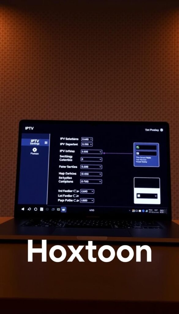 A detailed step-by-step setup guide for the Hoxtoon Provider IPTV service. Prominently featuring the Hoxtoon logo in the foreground, with a sleek and modern presentation. In the middle ground, various IPTV settings and configurations are displayed on a laptop screen, showcasing the intuitive setup process. The background features a subtle grid pattern, conveying a sense of technology and connectivity. The lighting is warm and inviting, creating a professional and authoritative atmosphere. The camera angle is straight-on, providing a clear and unobstructed view of the guide elements.