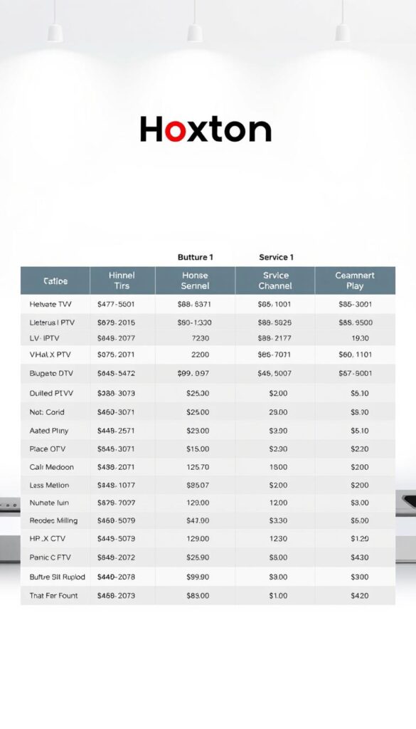 A detailed table displaying the Hoxtoon Provider's IPTV subscription plans and their respective prices, set against a modern, minimalist background. The table features clean, legible typography and is arranged in a visually appealing grid layout, highlighting the various service tiers, channel counts, and pricing options available to customers. The overall composition conveys a sense of professionalism and clarity, effectively communicating the comprehensive and flexible pricing structure of the Hoxtoon IPTV service.