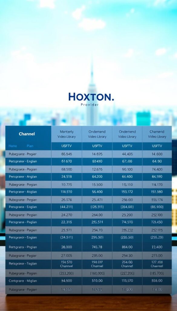 A detailed table displaying the various subscription plans offered by the Hoxtoon Provider. The foreground features neatly organized columns highlighting the plan names, monthly costs, channel counts, and on-demand video library sizes. The middle ground showcases a clean, modern design with a minimalist color palette of blues and grays, conveying a sense of professionalism and reliability. The background depicts a blurred cityscape, suggesting the global reach and accessibility of the Hoxtoon IPTV service. The overall scene is illuminated by soft, natural lighting, creating a warm and inviting atmosphere for potential subscribers to explore the Hoxtoon plan options.