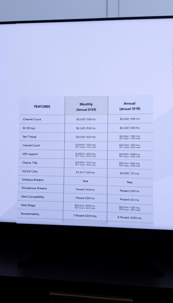 A detailed table showcasing the pricing plans and features of the "Hoxtoon Provider" IPTV service. In the foreground, a modern, minimalist design with a clean, white background. The table is displayed prominently, featuring distinct columns for plan names, monthly/annual costs, and a list of key features like channel count, HD/4K support, simultaneous streams, and device compatibility. The table is presented in a sleek, professional manner, with clear and easy-to-read typography. In the background, a subtle gradient or pattern adds depth and visual interest, without distracting from the main focus of the pricing information. The overall mood is one of clarity, simplicity, and value proposition, reflecting the key selling points of the Hoxtoon IPTV service.