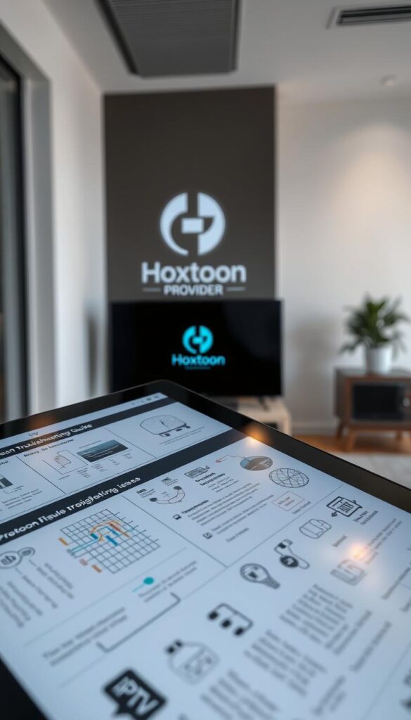 A detailed troubleshooting guide for IPTV issues, displayed on a tablet device. The foreground shows a close-up of the tablet screen, with various diagrams, graphs, and technical information related to common IPTV problems and their solutions. The middle ground features the Hoxtoon Provider logo, prominently displayed to indicate the guide's source. The background depicts a modern, minimalist office setting, with clean lines and muted colors to create a professional, tech-savvy atmosphere. Soft, directional lighting illuminates the scene, casting subtle shadows and highlights to enhance the overall visual impact. The composition is balanced and visually appealing, drawing the viewer's attention to the detailed IPTV troubleshooting information.