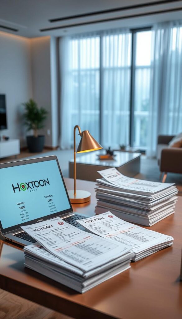A detailed visual analysis of the cost savings between Hoxtoon IPTV provider and traditional cable services. In the foreground, a sleek modern desk with a laptop displaying the Hoxtoon logo and comparative pricing data. On the desk, a minimalist desk lamp casting a warm glow. In the middle ground, neatly stacked piles of monthly cable bills and IPTV subscription receipts, highlighting the clear financial advantages of Hoxtoon. The background depicts a stylish living room with large windows, allowing natural light to filter in and create a sense of open space. The overall mood is one of efficiency, clarity, and the empowering feeling of taking control of entertainment costs with Hoxtoon IPTV provider.