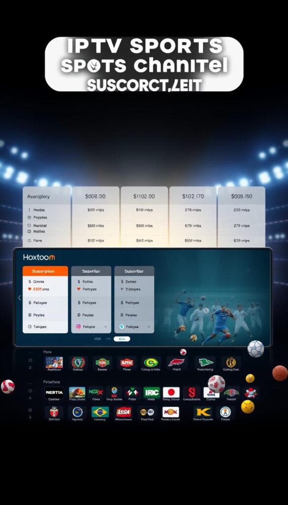 A detailed, visually striking illustration of IPTV sports channel subscription plans and pricing structure from the Hoxtoon Provider. In the foreground, a sleek, modern-looking dashboard showcases various subscription tiers and package options, each with clear pricing details. The middle ground features miniature icons and graphics representing the breadth of sports content available, from popular leagues to niche tournaments. In the background, a soft, ethereal glow emanates, creating a sense of premium quality and exclusivity. The overall composition is balanced, elegant, and designed to convey the comprehensive sports entertainment experience offered by the Hoxtoon Provider.