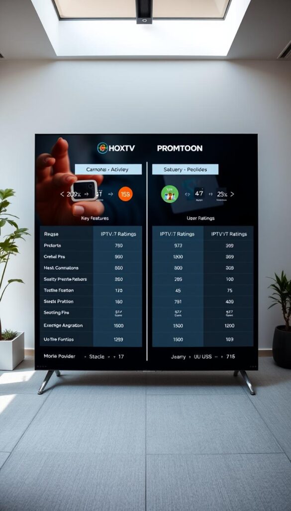 A detailed, wide-angle view of a side-by-side comparison of IPTV service providers in Spain, with the Hoxtoon Provider brand prominently featured. The scene is set in a modern, minimalist office space, with clean lines, neutral tones, and plenty of natural light streaming in. The comparison is presented on sleek, high-resolution displays, showcasing the key features, pricing, and user ratings of each service. The overall mood is one of professionalism, clarity, and informed decision-making, encouraging the viewer to carefully consider the options and make the best choice for their IPTV needs.