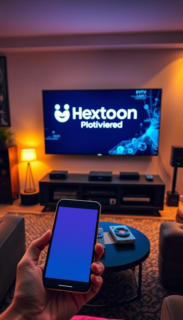 A digital living room with a modern TV set displaying the Hoxtoon Provider logo, surrounded by streaming devices, remote controls, and a cozy atmosphere. The room is bathed in warm, soft lighting, creating a welcoming and inviting ambiance. In the foreground, a hand holds a smartphone, showcasing the seamless integration of mobile technology with the TV experience. The background features subtle hints of the digital world, such as wireframes or data visualizations, to emphasize the technological aspect of free, legal IPTV streaming.