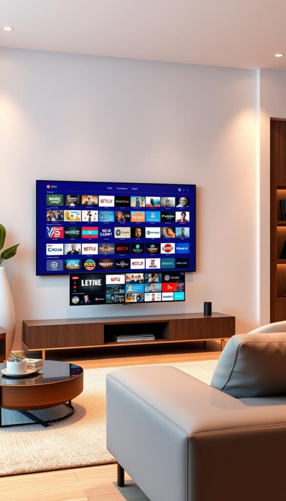 A digital living room with a modern entertainment center showcasing a sleek IPTV player interface. The player's screen displays a vast catalog of live channels and on-demand videos, reflecting the unparalleled content library of the Hoxtoon Provider service. Soft, warm lighting casts a cozy ambiance, while the background features a minimalist, high-tech aesthetic with clean lines and subtle textures. The player's UI is intuitive and visually appealing, highlighting the seamless user experience. The scene conveys a sense of abundance, quality, and technological sophistication associated with the Hoxtoon Provider brand.