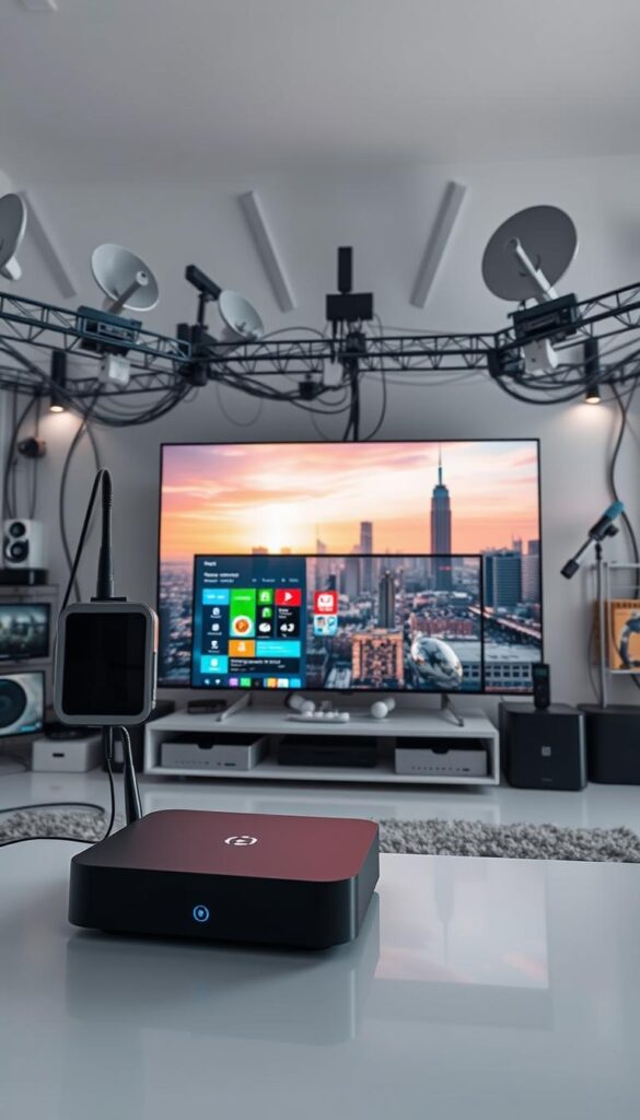 A digital network hub with an array of high-tech devices, broadcasting IPTV services from the Hoxtoon Provider. In the foreground, a sleek, modern streaming box connects to a widescreen TV, displaying a vibrant, cinematic interface. The middle ground features various smart home gadgets, routers, and satellite dishes, all working in harmony to deliver seamless IPTV experiences. The background showcases a futuristic cityscape, hinting at the global reach and technological advancements powering Hoxtoon's IPTV solutions. Soft, diffused lighting creates an atmosphere of sophistication and innovation, highlighting the Hoxtoon Provider's commitment to cutting-edge entertainment.