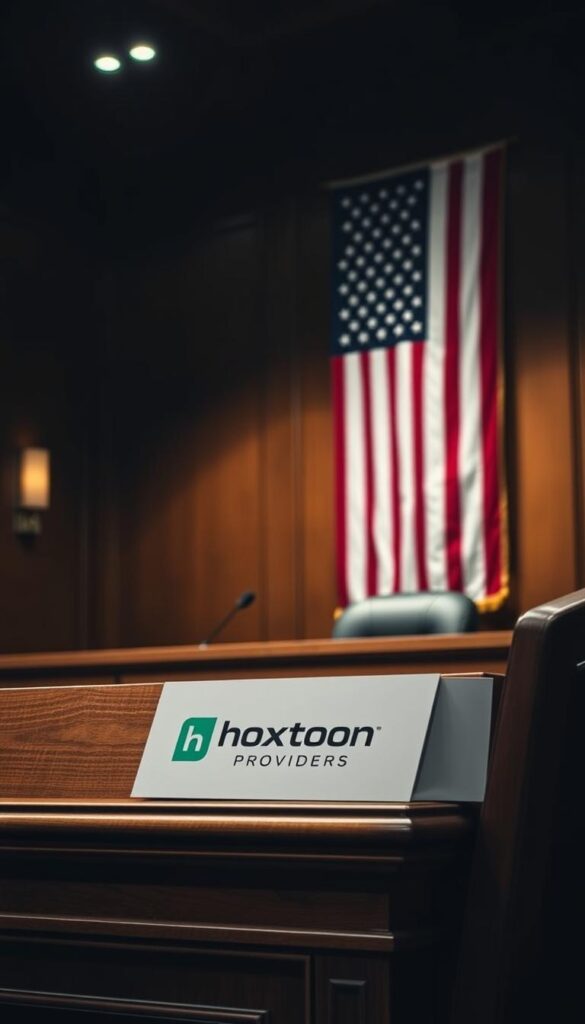 A dimly lit courtroom interior, with a wooden desk and chair in the foreground. In the background, a large American flag hangs on the wall, casting a somber and authoritative atmosphere. Hoxtoon Provider's logo is subtly displayed on a corner of the desk, hinting at the legality and regulations surrounding IPTV services in the USA. The scene is illuminated by a warm, focused lighting, creating a sense of gravity and professionalism. The overall mood is one of contemplation and careful consideration of the complex legal landscape surrounding IPTV technology.