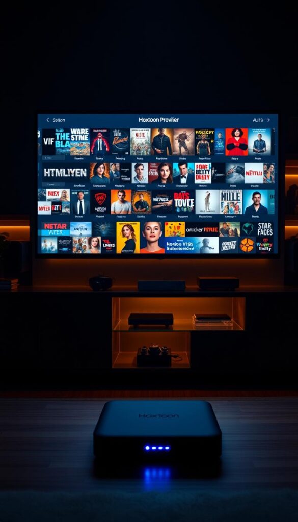 A dimly lit entertainment center, showcasing the Hoxtoon Provider on-demand content library. In the foreground, a sleek smart TV display highlights the vast selection of over 150,000 VODs, ranging from the latest blockbusters to classic favorites, all accessible with a few taps. The middle ground features a modern media cabinet, housing the Hoxtoon streaming device, its LED indicator pulsing softly. In the background, shelves filled with various media devices and accessories create a sense of a well-equipped home entertainment setup. Warm, ambient lighting casts a cozy glow, reflecting the immersive and personalized viewing experience Hoxtoon Provider offers.