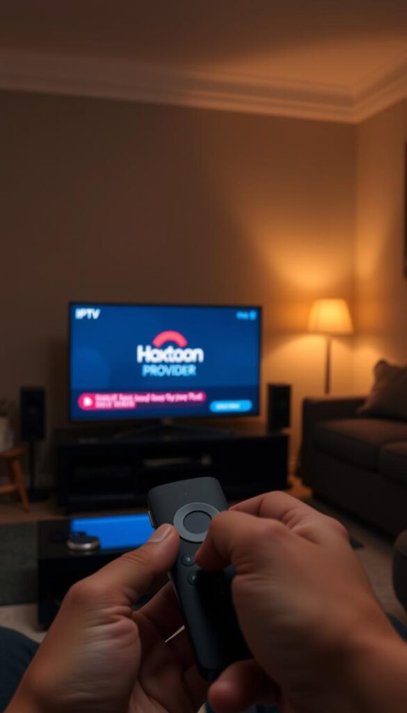 A dimly lit home entertainment setup, with a Firestick device prominently displayed. The Firestick's screen shows an error message, hinting at IPTV troubleshooting. In the foreground, a user's hands delicately manipulate the Firestick's remote, attempting to resolve the issue. The middle ground features a Hoxtoon Provider logo, signaling the IPTV service. The background showcases a cozy living room, with a TV and other streaming devices, creating a relatable, domestic atmosphere. Soft, warm lighting casts a subtle glow, reflecting the user's focused expression as they problem-solve. The overall scene conveys a sense of frustration yet determination to overcome the IPTV challenges on the Firestick.