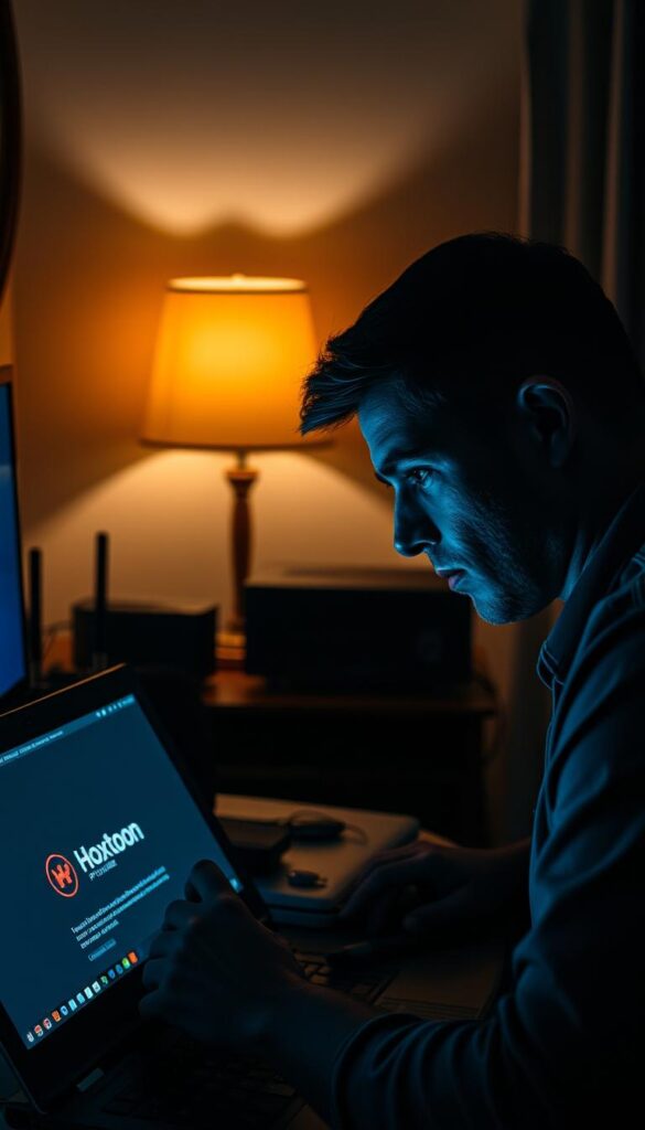 A dimly lit home office scene, with a person sitting at a desk intently troubleshooting an IPTV issue on their laptop. The desktop displays the Hoxtoon Provider logo, indicating the user is experiencing difficulties with this IPTV service. The room is filled with an atmosphere of concentration, with soft lighting from a desk lamp casting warm hues across the scene. Technical equipment, such as a router and cable modem, are visible in the background, hinting at the technical nature of the problem. The user's face is focused, brow furrowed, as they navigate through troubleshooting steps on the screen. The overall mood conveys a sense of problem-solving and determination to resolve the IPTV issue.