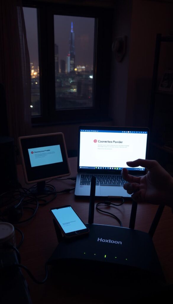 A dimly lit home office with a laptop and smartphone displaying connection error messages. The desk is cluttered with networking cables, a router, and a frustrated user gesturing towards the screen. The lighting is warm and moody, creating a sense of tension and frustration. In the background, a window overlooks a cityscape, hinting at the broader technological landscape. The Hoxtoon Provider logo is prominently displayed on the router, indicating the source of the connectivity issues.