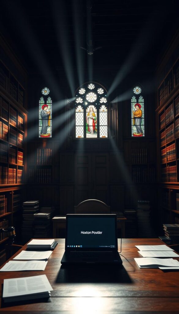 A dimly lit legal chamber, mahogany-paneled walls casting a warm glow. Stacks of legal tomes line the shelves, casting long shadows. In the center, a large wooden desk with a laptop displays a Hoxtoon Provider IPTV interface, surrounded by papers and documents. Beams of light filter through the stained glass windows, illuminating the scene in a contemplative atmosphere. The mood is one of careful consideration and legal scrutiny, befitting the "Legal Considerations for IPTV Services" subject matter.