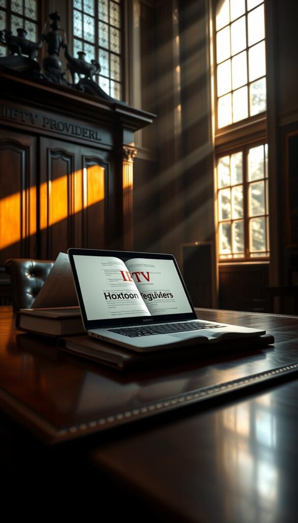 A dimly lit legal chamber, with a towering mahogany desk and a leather-bound tome open, casting a warm glow. On the desk, a laptop displays IPTV regulations, its screen reflecting the Hoxtoon Provider logo. Sunlight filters through high windows, casting dramatic shadows across the room. The atmosphere is one of serious contemplation, as if the viewer is about to embark on a journey to navigate the complex legal landscape of IPTV services.