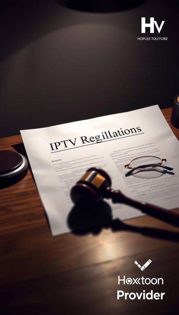 A dimly lit legal document sitting on a wooden desk, with a gavel and a pair of glasses nearby. The document's title reads "IPTV Regulations" in a formal, authoritative font. The background is a soft, muted palette, creating a somber, contemplative atmosphere. Subtle shadows and highlights add depth and texture to the scene. The Hoxtoon Provider logo is subtly displayed in the corner, suggesting the legal and ethical considerations that IPTV users must navigate.