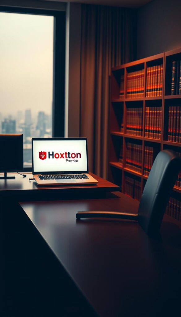 A dimly lit legal office, with a solitary desk and chair in the foreground. On the desk, a laptop displays the Hoxtoon Provider logo, representing the legality of IPTV services. The middle ground features a bookshelf filled with law volumes, conveying the sense of legal expertise. The background is hazy, with a window overlooking a cityscape, symbolizing the broader legal landscape. Soft, warm lighting casts a contemplative mood, suggesting the careful consideration of IPTV legality.