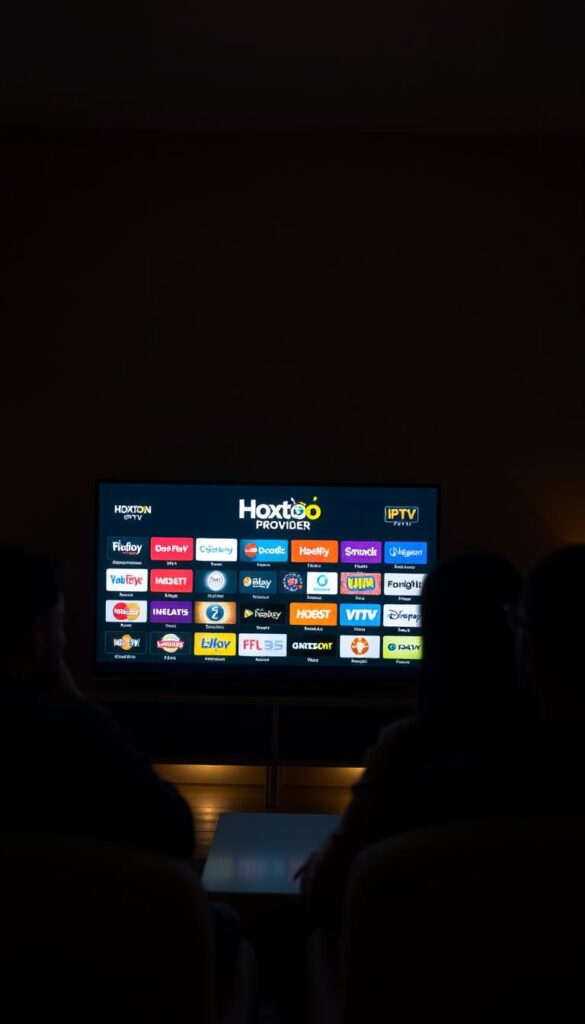 A dimly lit living room, a group of friends gathered around a television, their faces illuminated by the glow of the IPTV interface displaying the Hoxtoon Provider logo. The room is cozy, with warm lighting and plush furniture, creating an atmosphere of comfort and camaraderie. The television screen shows a diverse array of Arabic channels, their logos and program information clearly visible, hinting at the vast selection of content available through the Hoxtoon service. The scene captures the communal experience of enjoying high-quality IPTV entertainment, emphasizing the real-world experiences of Hoxtoon users within their homes and communities.