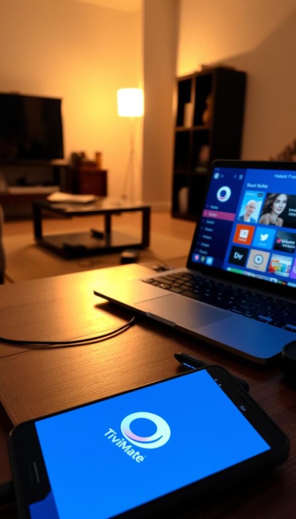 A dimly lit living room, a laptop open on a wooden table, showcasing the sleek TiviMate interface. In the foreground, a smartphone displays the Hoxtoon Provider logo, seamlessly integrating with the IPTV setup. Soft lighting casts a warm glow, creating an inviting atmosphere for the step-by-step process of setting up TiviMate with the Hoxtoon Provider service. The middle ground features various remote controls and cables, hinting at the technical aspects of the installation. The background depicts a cozy, well-appointed space, reflecting the comfort and convenience of the entertainment experience to come.