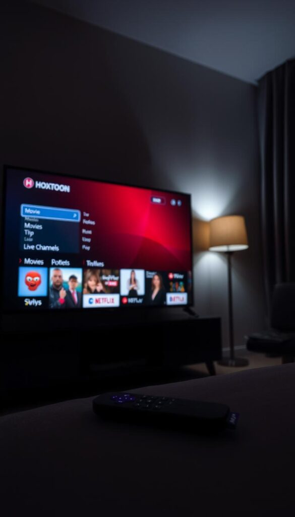 A dimly lit living room, the soft glow of a Roku TV casting a warm light across the room. On the screen, the Hoxtoon Provider IPTV app is prominently displayed, its interface showcasing a selection of movies, TV shows, and live channels. The remote control lies nearby, a symbol of the user's ability to navigate this digital world. The scene conveys a sense of anticipation and uncertainty, as the viewer contemplates the potential benefits and limitations of IPTV on the Roku platform.