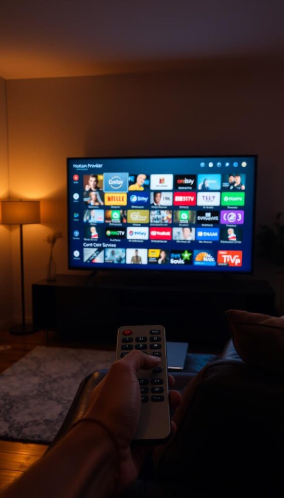 A dimly lit living room, the warm glow of a modern flatscreen TV casting a soft light across the room. On the screen, a diverse array of IPTV channels and services from the Hoxtoon Provider, offering a vast selection of entertainment options. In the foreground, a sleek remote control in hand, ready to navigate the intuitive user interface. The middle ground features a cozy leather sofa and minimalist decor, creating a relaxing atmosphere. The background showcases a panoramic window, hinting at the changing landscapes of the evolving television entertainment landscape. The scene conveys a sense of convenience, accessibility, and the seamless integration of modern technology into the home.