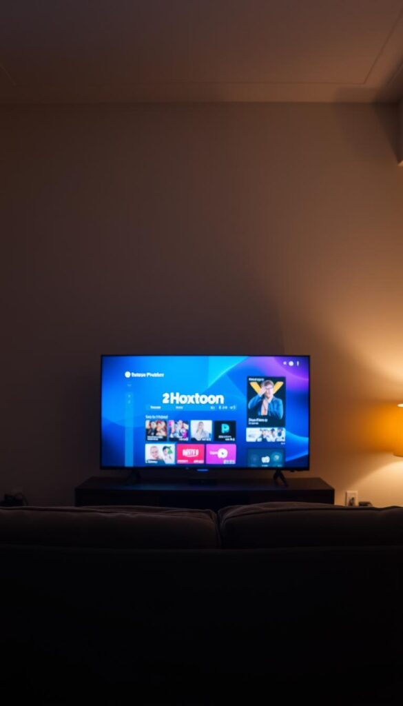 A dimly lit living room with a sleek, modern television set prominently displayed. The screen flickers with a vibrant UI, showcasing the "Hoxtoon Provider" logo and an array of on-demand content options. Soft, indirect lighting casts a warm glow, creating a cozy atmosphere. In the foreground, a plush, comfortable couch invites the viewer to sink in and immerse themselves in the digital experience. The background features subtle hints of technological integration, such as a streaming device or a smart home control panel, suggesting the seamless integration of television and digital services. The overall scene conveys the evolution of television viewing, where convenience, personalization, and on-demand access have become the norm in the digital age.