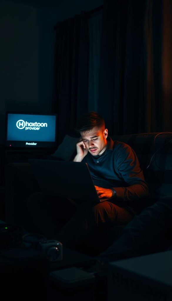 A dimly lit living room, with a weary figure sitting on a couch, laptop open and a distressed expression on their face. The Hoxtoon Provider logo is faintly visible on the laptop screen, indicating IPTV streaming issues. The room is cluttered with various cables and devices, creating a sense of technological complexity. Soft, warm lighting illuminates the scene, casting shadows that add depth and texture. The atmosphere is one of frustration and concern, as the individual struggles to troubleshoot the IPTV sports streaming problems.