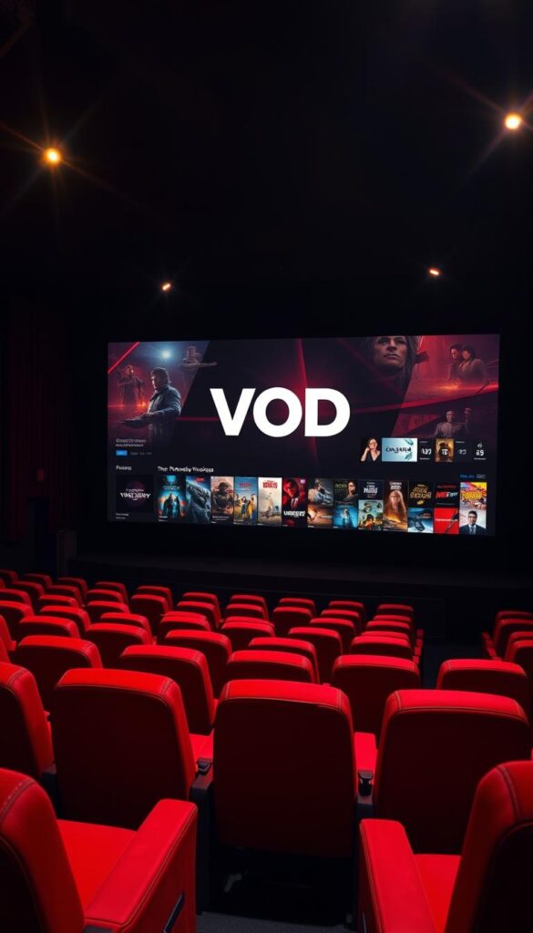 A dimly lit movie theater interior, with rows of plush red seats and a massive screen in the background. Beams of soft, warm light filter in from the sides, illuminating the space with a cozy, cinematic ambiance. On the screen, a diverse array of "VOD titles" from the Hoxtoon Provider platform are displayed, showcasing a vast selection of movies and TV shows across various genres. The image conveys a sense of excitement and anticipation, inviting the viewer to dive into the limitless entertainment options available.