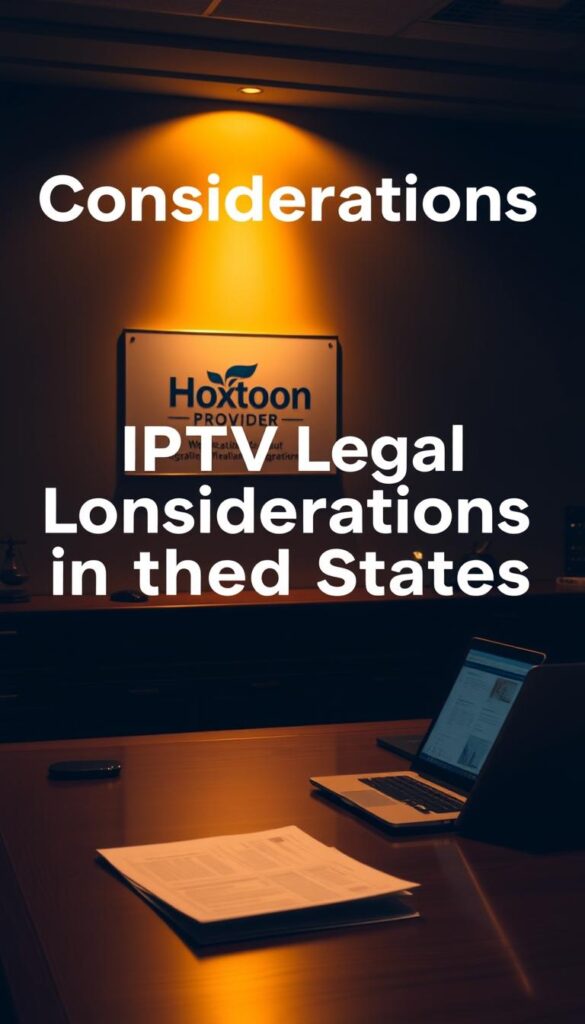 A dimly lit office interior, with a large wooden desk and a Hoxtoon Provider logo prominently displayed on the wall. On the desk, a laptop and some legal documents, hinting at the topic of "IPTV Legal Considerations in the United States". The room is illuminated by a warm, golden light, creating a sense of seriousness and professionalism. The overall atmosphere conveys a sense of thoughtful contemplation and careful consideration of the legal implications surrounding IPTV services.