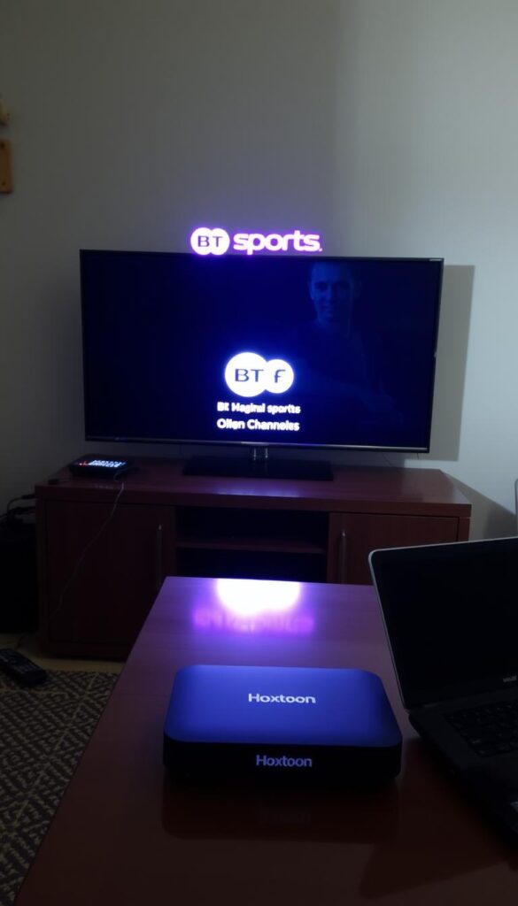 A dimly lit room with a modern television displaying the "BT Sports" logo, but the channels are missing. On the table in front of the TV, a sleek, black streaming device labeled "Hoxtoon Provider" sits prominently, hinting at a solution to the problem. The room is slightly cluttered, with a few scattered remote controls and a laptop open on the side, suggesting the user's frustration with the missing sports channels. The overall atmosphere is one of confusion and disappointment, contrasted by the promise of the Hoxtoon Provider device to resolve the issue.