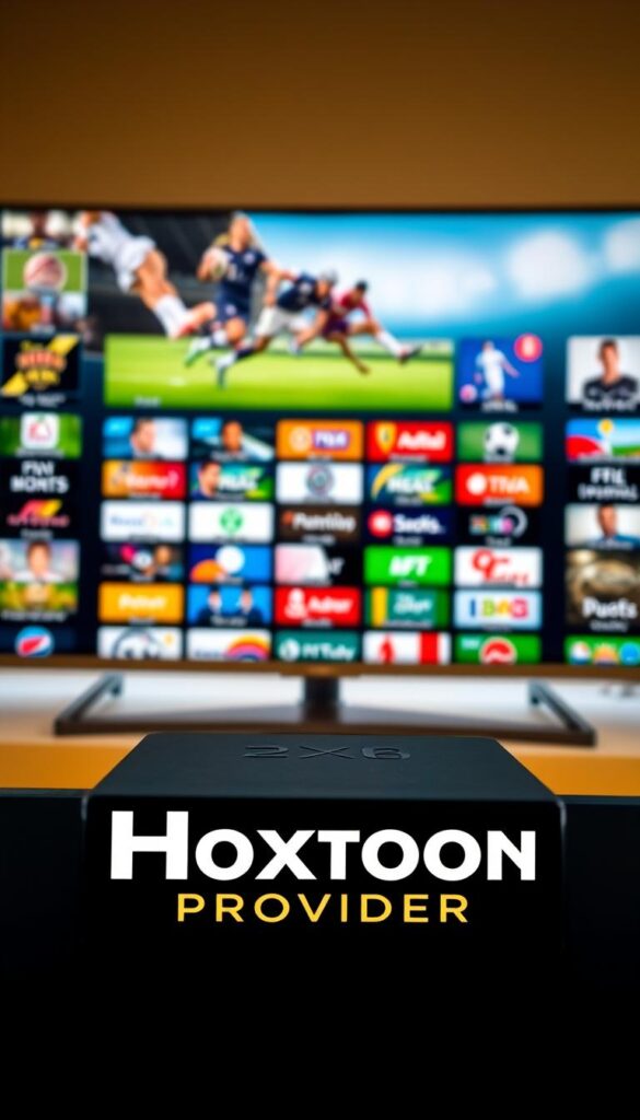A dynamic IPTV sport channel lineup displayed on a sleek, modern digital interface. In the foreground, the Hoxtoon Provider logo prominently showcases the brand. The middle ground features a grid of colorful channel icons, each representing the diverse range of live sports content available. The background softly blurs, creating a sense of depth and focus on the key elements. Warm, natural lighting illuminates the scene, lending a premium, professional look. The overall composition conveys a comprehensive, user-friendly IPTV experience with Hoxtoon Provider.