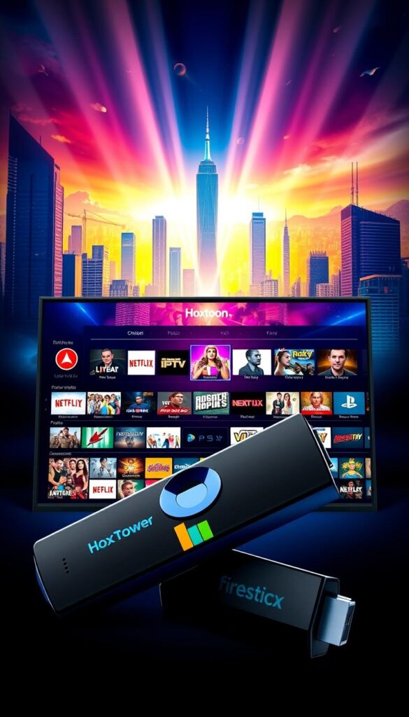 A dynamic and captivating image of the Hoxtoon Provider IPTV Premium APK for Firestick. In the foreground, a sleek Firestick device prominently displays the Hoxtoon Provider logo, its vibrant colors and clean design catching the eye. In the middle ground, a stylized, futuristic interface showcases the vast selection of live TV channels, movies, and on-demand content available through the IPTV service. The background features a dynamic cityscape, with towering skyscrapers and a vibrant, neon-lit urban landscape, conveying a sense of the endless entertainment possibilities unlocked by the Hoxtoon Provider IPTV solution. The lighting is bold and dramatic, with sharp contrasts and deep shadows, creating a high-tech, cutting-edge atmosphere. The overall composition is balanced and visually striking, highlighting the power and versatility of the Hoxtoon Provider IPTV Premium APK for Firestick.