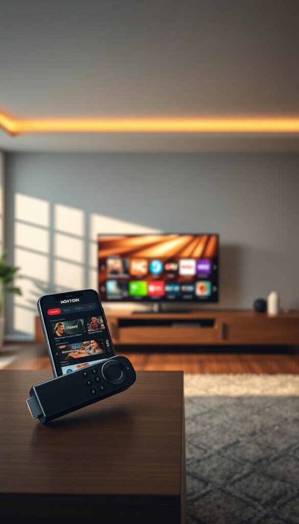 A dynamic and visually captivating image of the Hoxtoon Provider firestick IPTV app. Set against a backdrop of a modern, minimalist living room, the firestick device is prominently displayed on a sleek, wooden media console. The app's user interface is rendered in vivid detail, showcasing its intuitive design and a diverse array of content options. Soft, diffused lighting creates a warm, inviting atmosphere, while the firestick's glowing LED indicator adds a subtle, technological flair. The composition emphasizes the app's seamless integration with the Firestick platform, highlighting its role as a powerful IPTV solution for the modern streaming enthusiast.