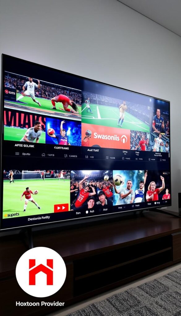 A dynamic, high-quality live sports streaming experience on a modern LED TV screen, displaying a variety of popular sports events. The foreground features the Hoxtoon Provider logo prominently, indicating a reliable and user-friendly platform for accessing these free streams. The middle ground showcases various sporting events playing simultaneously, with a focus on clear, vibrant visuals and smooth playback. The background subtly hints at a minimalist, tech-savvy setting, with clean lines and a sleek, contemporary aesthetic to evoke a sense of cutting-edge technology and seamless digital entertainment.