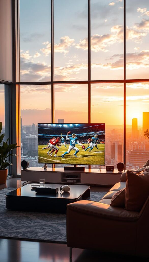 A dynamic, high-resolution sports streaming scene. In the foreground, a large, flat-screen television displays a thrilling live sports event, the players' movements captured in vivid detail. The screen is surrounded by a sleek, modern entertainment system with state-of-the-art components, casting a warm, ambient glow. In the middle ground, a comfortable living room setting, with plush seating and cozy accents, inviting viewers to immerse themselves in the action. The background features floor-to-ceiling windows, offering a panoramic view of a vibrant city skyline, underscoring the premium, cutting-edge nature of the Hoxtoon Provider sports streaming service.