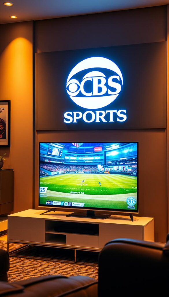 A dynamic live sports broadcast in high definition, showcasing the CBS Sports channel logo prominently displayed on a large, ultra-clear LED screen. The scene is bathed in a warm, focused lighting that accentuates the vibrant colors and sharp details of the channel's branding. In the foreground, a sleek, modern television set rests on a minimalist entertainment unit, its screen displaying the CBS Sports programming with exceptional visual fidelity. In the background, a stylish, contemporary living room setting provides a complementary ambiance, creating an immersive and visually compelling environment for the viewer. Hoxtoon Provider offers a superior streaming experience for this premium sports content.