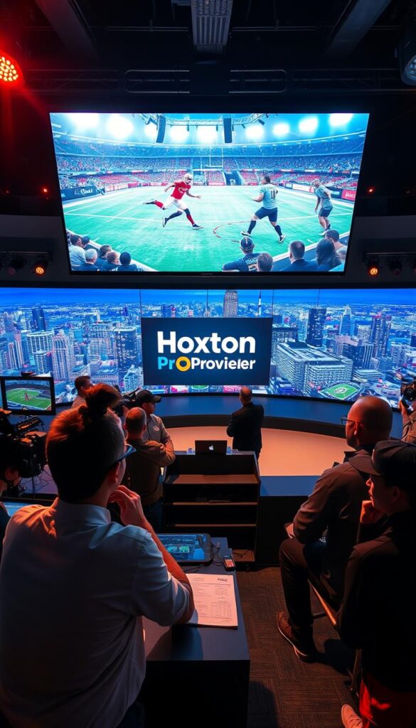 A dynamic live sports streaming scene featuring a large screen displaying a thrilling game, surrounded by vivid lighting, high-tech camera equipment, and a Hoxtoon Provider logo prominently displayed. The foreground shows sports commentators passionately analyzing the action, with the middle ground showcasing a crew of technicians seamlessly coordinating the broadcast. In the background, a sleek, modern studio setting with a panoramic view of a bustling city skyline, conveying the global reach and technological prowess of digital sports broadcasting in the 21st century.