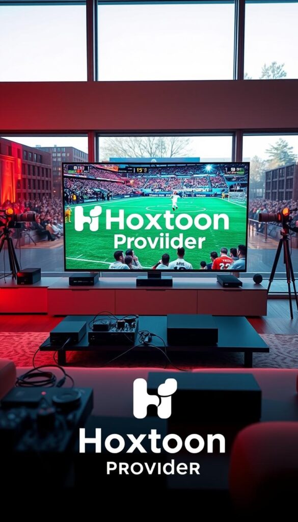A dynamic live sports streaming scene with the Hoxtoon Provider logo prominently displayed. In the foreground, a large TV screen shows a high-definition sports event, with the players in motion and the crowd cheering. The middle ground features various streaming devices, cables, and a sleek entertainment console, all bathed in warm, vibrant lighting. The background depicts a modern, minimalist living room setting, with large windows allowing natural light to filter in, creating a sense of openness and technological sophistication. The overall atmosphere conveys the technical excellence and immersive viewing experience offered by the Hoxtoon Provider service.