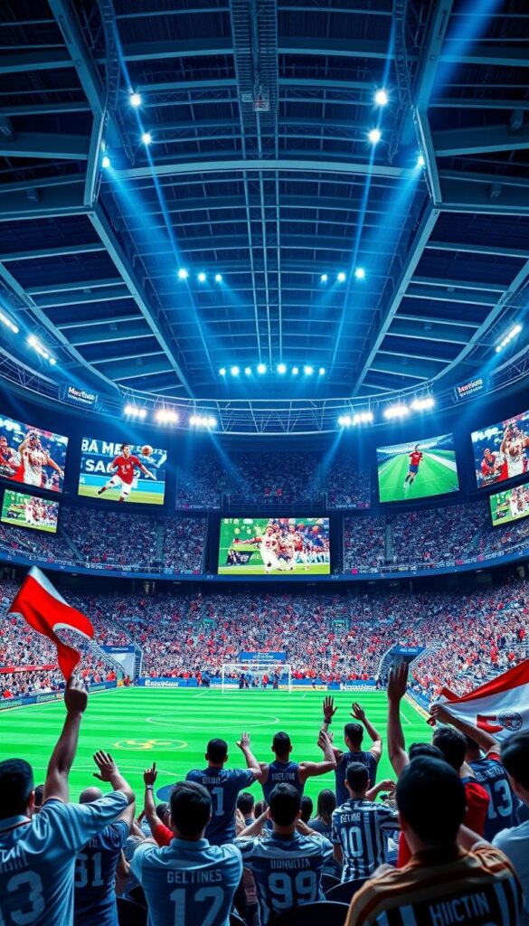A dynamic sports arena filled with Hoxtoon Provider's cutting-edge IPTV channels displayed on large screens. The foreground features enthusiastic fans cheering and waving team flags, while the middle ground showcases athletes competing in various sports like football, basketball, and soccer. The background depicts an ultra-modern stadium with sleek architectural elements and sophisticated lighting that creates a vibrant, energetic atmosphere. The image conveys the unparalleled sports viewing experience offered by Hoxtoon Provider, catering to avid fans across diverse sporting events.